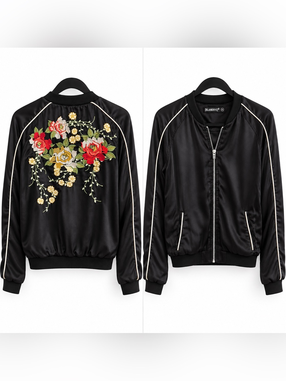BLANKNYC Black Floral Embroidered Satin Bomber Jacket XS